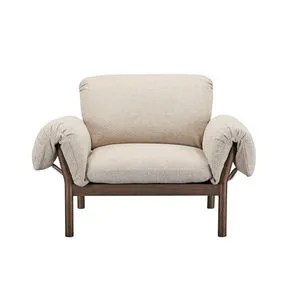 Cardero lounge chair with dark stained ash frame, beige ruched fabric arms, and plush seat and back cushions