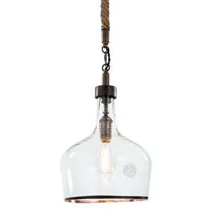 Clear glass Demi John pendant with subtle texture, twisted jute rope cord, and vintage-style Edison bulb inside