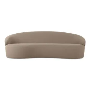 Curved Cove outdoor sofa in taupe all-weather fabric on a sleek plinth base with a discreet plastic leg