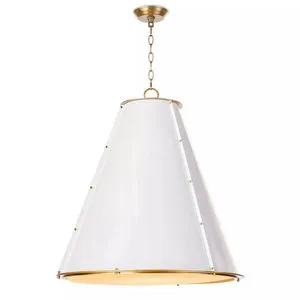 Large white cone-shaped chandelier with natural brass trim and diffuser shade for ambient lighting