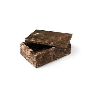 Brown Emperador rectangular marble box with partially open lid showing rich warm veining