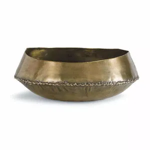 warm gold brass Bedouin Bowl with a hammered texture and rough welded seam around the middle, wide opening