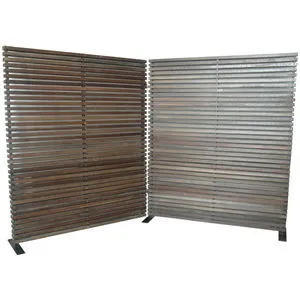 Damani Screen made of mixed natural hardwood slats on durable aluminum frame with dark wood tones in a folding two-panel d...