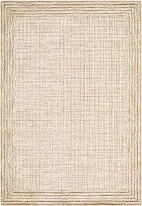 Beige and cream handmade wool rug with a textured weave and layered border design