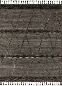 Grey and multi linear patterned hand-knotted wool and cotton Moroccan style rug with braided details and fringed edges