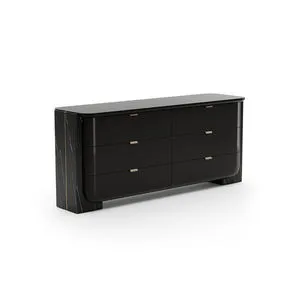 Overlap Dresser with sleek piano black top and drawer fronts, nero marquina side panels, and whisper of gold metal trim