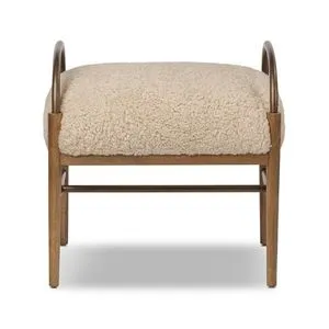 Cream shearling upholstered accent stool with amber ash legs and curved brushed iron arms