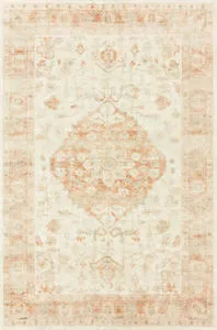 Vintage style Rosette rug with ivory and terracotta medallion pattern and plush texture