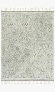 Soft shaggy grey rug with subtle diamond Scandinavian pattern and fringed edges