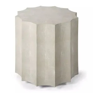 Marilyn Shagreen Scalloped Table with scalloped edges, faux shagreen texture in soft gray, casters for mobility