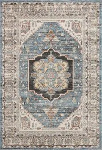 Traditional Odette Sky multi rug sample with a central medallion in blue, cream, and rust tones, vintage Turkish Oushak de...