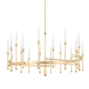 Vintage gold leaf 18-light chandelier with elongated candle-shaped bulbs and textured round frame