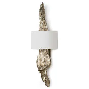 Driftwood Sconce with ambered silver leaf driftwood-inspired base and curved white shade
