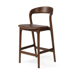 Amare Wooden Brown Bar Stool with solid ash wood frame and black top-grain leather seat in warm brown finish