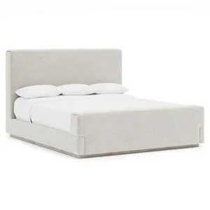Tempo panel bed with pleated upholstered headboard and footboard on wooden plinth base in Larza finish