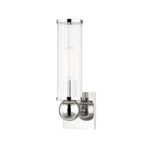 Malone 1 Light Wall Sconce with clear ribbed blown glass shade and reflective metal ball in polished nickel finish