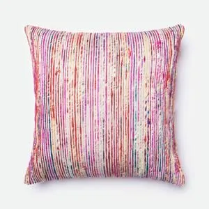 Square Misha Pillow with multicolored vertical stripes in shades of pink, red, purple, and orange on a textured fabric