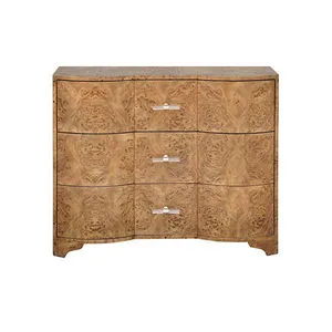 Three drawer chest in large dark burl wood with curved front and acrylic and metal drawer pulls