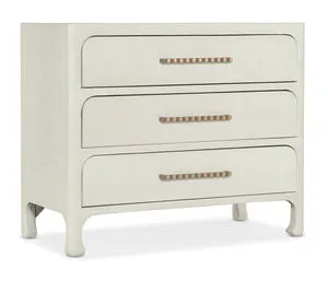 Serenity Cruiser Cream Raffia Accent Chest with three drawers, white lacquered grasscloth finish, chow-style legs, and cha...