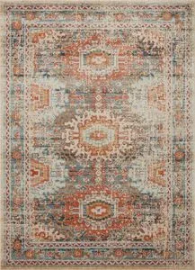 Jocelyn Mist Multi vintage style rug with faded antique motifs in rust, beige, blue, and gold hues