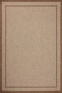Rectangular indoor/outdoor area rug with a warm rust palette and a clean-lined geometric pattern in chestnut and oatmeal hues