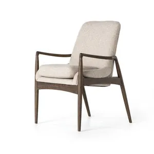 Light camel upholstered Braden Dining Arm Chair with mid-century dark wood architectural frame