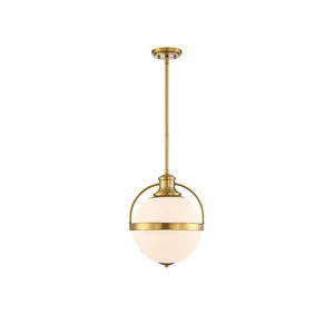 Westbourne 1-light pendant with round white opal glass shade and warm brass finish, adjustable hanging rod