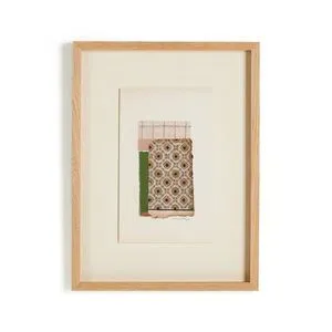 Fleur Jaune collage of 1700s French patterned papers with green, pink, and grid details in a light wood frame