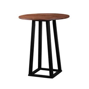Tri Mesa Bar Table with round solid walnut top and black rubberwood trapezoid base