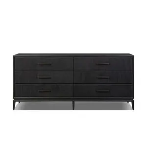 Black-finished oak dresser with six drawers featuring woven paper cord fronts and dark Scandinavian-inspired design