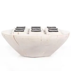 Solid wood Tic Tac Toe game with bronzed iron X and O pieces on a rounded bowl-shaped base