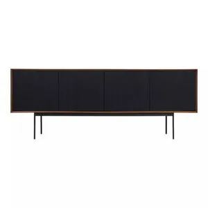 Araya Sideboard with dark stained walnut veneer and black corduroy textured cupboard doors on thin metal legs