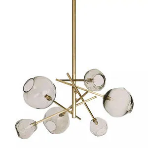Molten Chandelier with organic smoked glass shades and natural brass linear pipes in a sculptural design