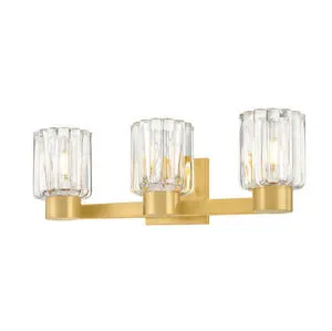 Three-light bath sconce with scalloped fluted glass shades and aged brass metalwork in rectangular layout