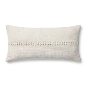 Elongated ivory lumbar pillow with textured woven stripe detail centered, 12 by 27 inches cotton cover