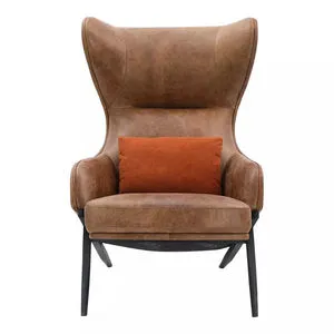 Amos accent chair with creamy cappuccino leather upholstery and orange velvet accent pillow, black angled legs
