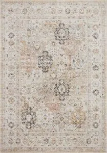Monroe Beige / Multi Rug with antique Turkish Oushak large-scale motifs in soft neutral beige, tan, and black accents