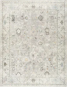 Davina Denim/Gray Machien Woven Rug with intricate traditional-inspired motifs in soft gray, beige, and blue tones