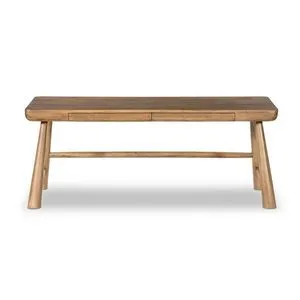 Rustic wooden desk with caramel finish, tapered cylindrical legs, two hidden pencil drawers front view