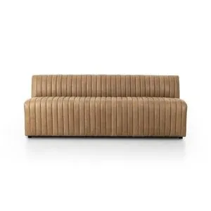 Armless dining banquette with tan top-grain leather featuring pronounced linear channeling