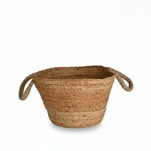 Natural woven bamboo basket with rounded handles and a tapered shape