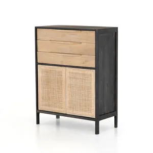 Tall black mango dresser with natural wood three top drawers and woven cane lower cabinet doors