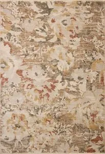 Modern botanical area rug with large-scale floral design in muted mist and sunset colors, rectangular shape