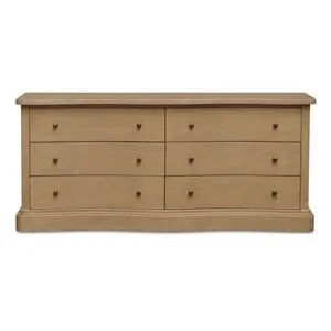 Clarence 6 Drawer Dresser with curved front, six drawers, solid oak, and brass knob hardware in light wood finish