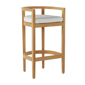 Santa Barbara Teak 30 inch barrel bar stool with light teak wood frame and white upholstered seat cushion