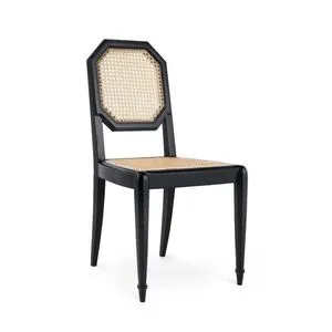 Leila Flat Black Cane Side Chair with octagonal bleached cane back and seat, tapered black legs