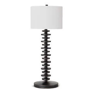 Fishbone buffet table lamp with corrugated birch wood column and natural linen drum shade