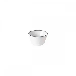 Round white ceramic ramekin with blue rim, smooth stoneware finish