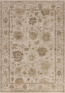 Rectangular Willa Fog traditional rug in natural tones with a vintage Turkish motif and soft sand and pale sky colors