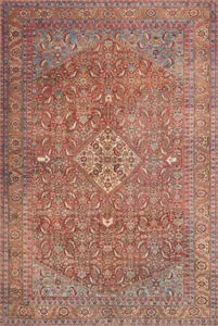 Loren Red Multi Rug with vintage-inspired red and blue intricate floral and geometric patterns on a soft polyester base